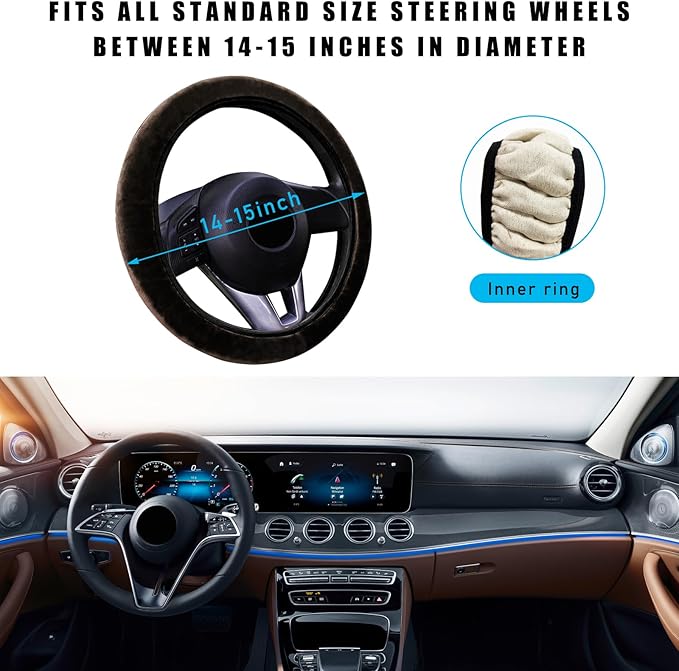 Augeny Fuzzy Car Steering Wheel Cover, Anti-Slip Soft Plush Steering Wheel Protector, 15 Inch Elastic Wheel Covers, Universal Vehicle Interior Winter Warm Accessories for Men Women (Coffee)