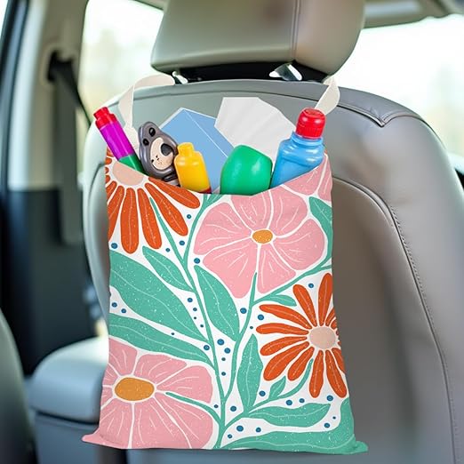 Pykfrhh Boho Floral Car Trash Can, Car Trash Bag Hanging, Waterproof Cars Back Seat Hanging Organizer and Storage Trash Bags for Vehicle Travelling Camping