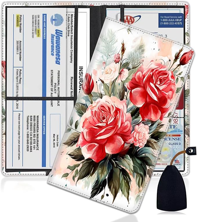 Yuxcfhjfe Car Registration and Insurance Holder, PU Leather Auto Document Holder for Men&Women, Vehicle Glove Box Compartment Organizer with Magnetic Shut for Driver's License, Peony Painting Pattern
