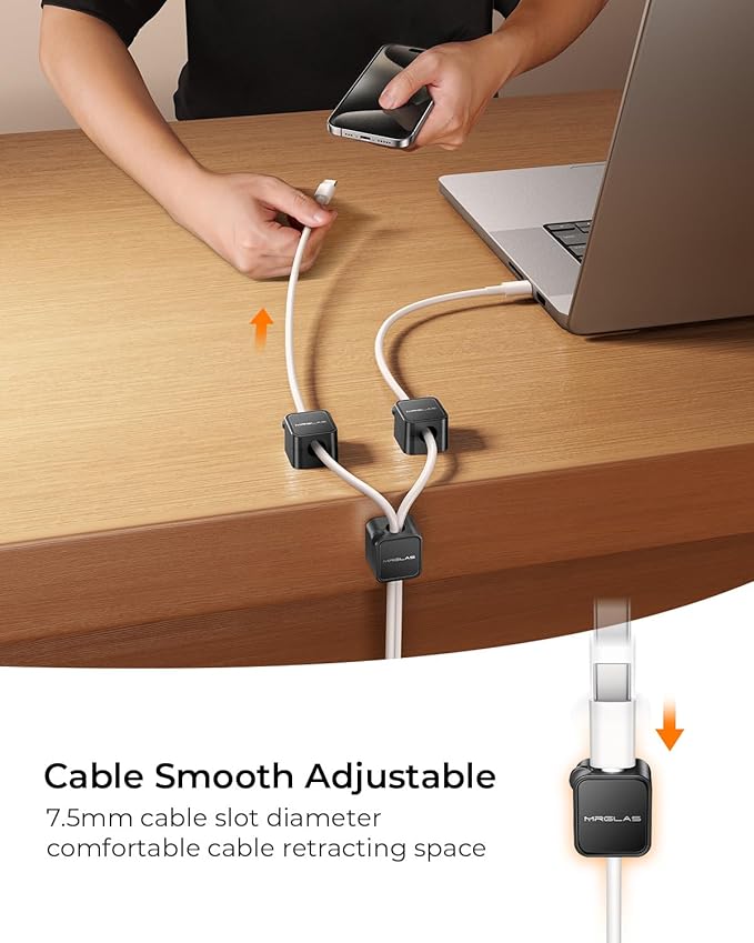 MRGLAS 10-Pack Magnetic Cable Management Cord Organizer,[1s Lock] Cable Holder Clips -Desk Cable Clips [Cable Smooth Adjustable], Adhesive Wire Organizer Keeper for Nightstand Desktop Car Office-Black