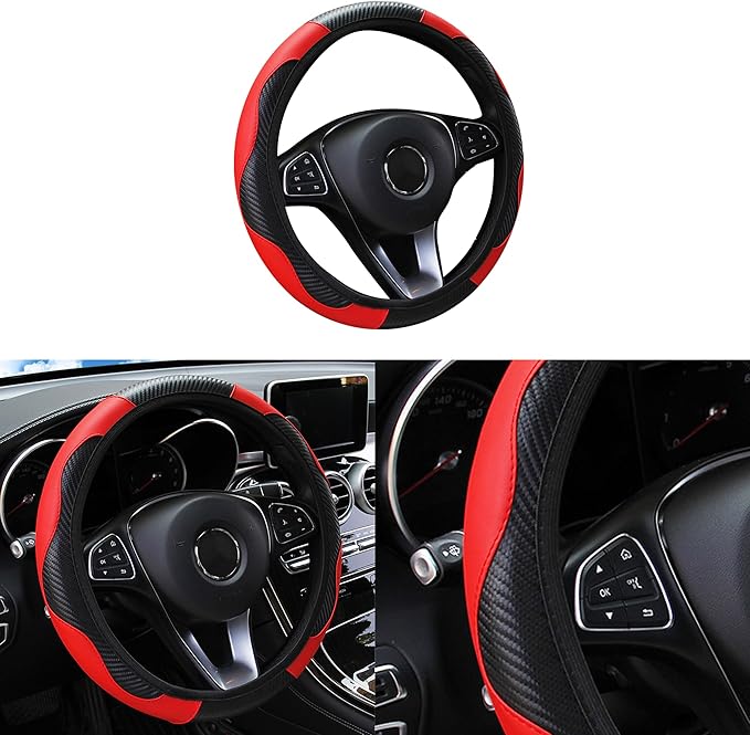 Car Steering Wheel Cover, 15 inch Carbon Fiber Microfiber PU Leather Elastic Steering Wheel Protector for Men Women, Anti-Slip Breathable Car Interior Accessories for Most Cars (Red)
