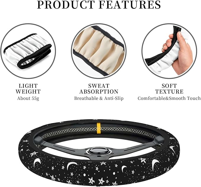 Black White Moon Star Neoprene Steering Wheel Cover Anti-Slip Elastic Moon Steering Wheel Protective Cover 15in Universal Car Accessories Fit Cars, SUVs, Auto