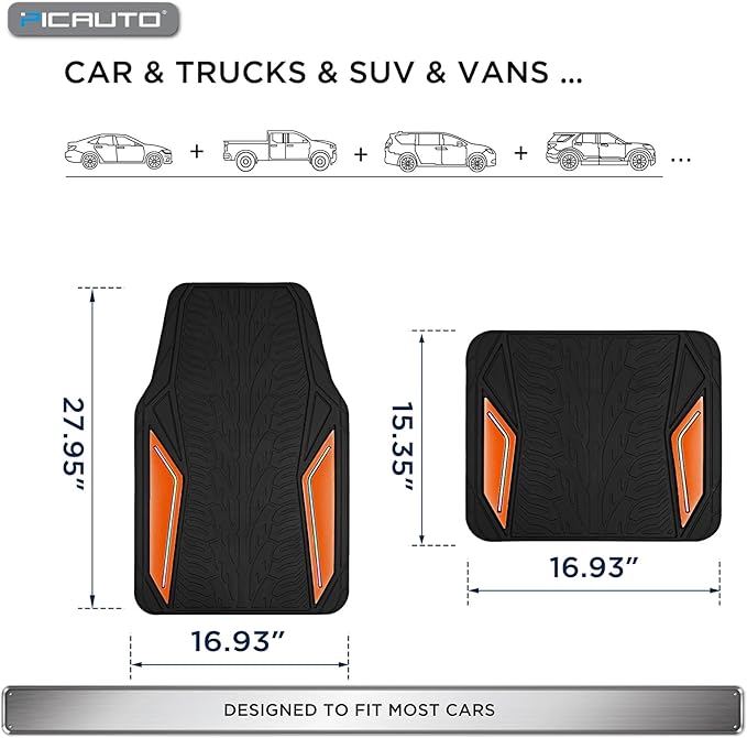 PIC AUTO Rubber Floor Mats, Orange Aluminum Film with Colorful Piping Floor Mats for Cars, Car Mats with Non-Slip Backing, All-Weather Protection, Trim-to-Fit Liner for Cars, SUVs, Trucks, Vehicles
