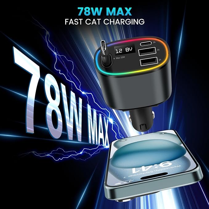 Car Charger USB C Fast Charging, 78W Cigarette Lighter Adapter, Retractable Car Charger for Travel Essentials for iPhone 16/15/14/13/12/11,Galaxy,Pixel, for Car Accessories Black