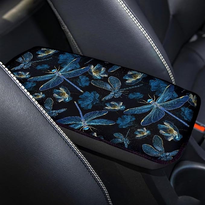 Dragonfly Flower Print Auto Armrest Box Cover Universal Decorative Car Center Console Armrest Cushion Cover for Sedan SUV Truck