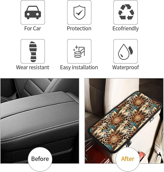 Sunflower Center Console Armrest Cover Flower Floral Leopard Car Interior Accessories Arm Rest Seat Box Covers Protector Cars Decor Accessory