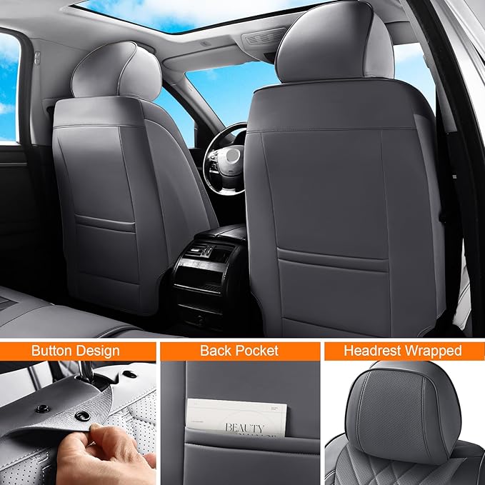 GEZHOUBA Full Coverage Car Seat Covers Full Set Waterproof, Luxury Leather Automotive Seat Covers Car Seat Protector, Front & Rear Seats Cover Sets Universal Fit for Most Vehicles Sedans SUVs, Gray