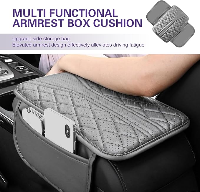 Cuymoap Car Armrest Cushion, Breathable Support Cover for Enhanced Elbow Comfort, Waterproof Anti-scratch Center Console Protector with Side Storage Pocket, Universal Slip-on Design for Car (Gray)