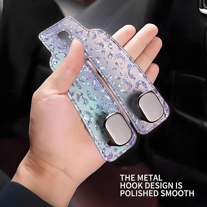 NUGGHU Car Seat Headrest Hook, Universal Leather Cute Hanger Holder Hook, Storage Organizer Interior Accessories for Purse Bags Handbag Glitter Purple Leopard