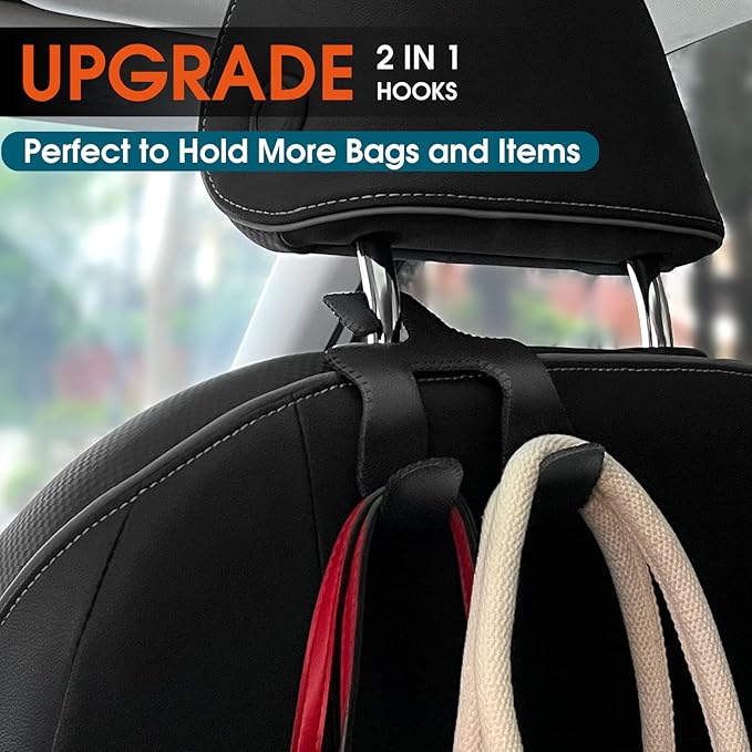 Car Headrest Hooks for Purses and Bags, Upgraded 2 in 1 Cars Back Seat Head Rest Hanger Vehicle Leather Organizer Storage Holder Hook Matching Cars Interior, 2-Pack, Black