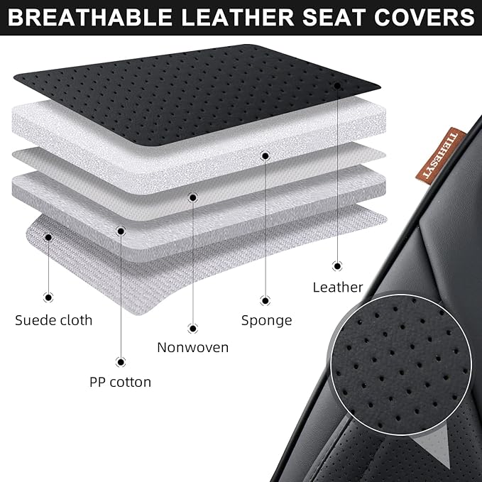 TIEHESYT Black Car Seat Covers Front Pair, Breathable Leather Automotive Front Seat Covers & Headrest for Comfortable Driving, Universal Auto Interior Fit for Most Kinds of Vehicles, SUV, Sedans