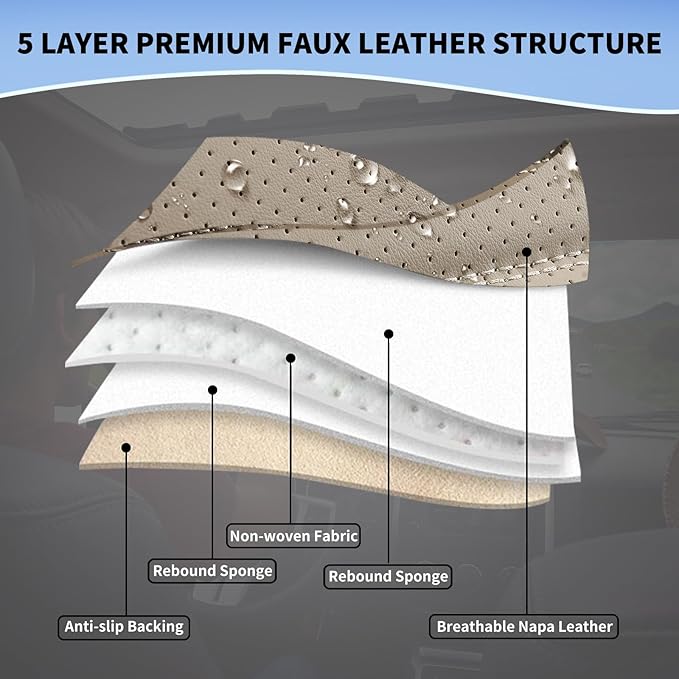 SCOMEE Beige Leather Car Seat Covers Full Set Breathable Seat Protectors Waterproof Automotive Seat Covers Universal Fit for Most Cars SUVs Trucks Vehicles