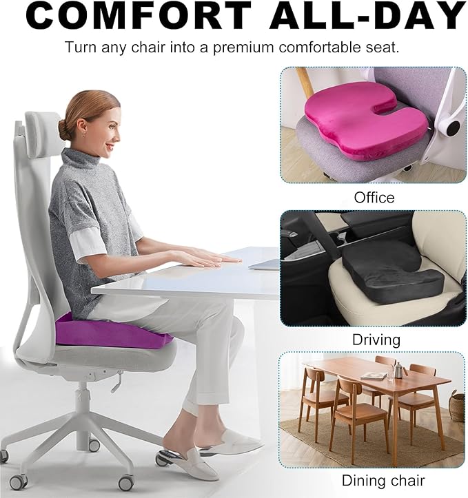 Memory Foam Seat Chair Cushion, Comfortable Auto Cushions for Long Periods of Sitting, Pregnancy Car Seat Cushion for Back, Coccyx & Sacrum Pain Relief, Car Accessories (Purple)