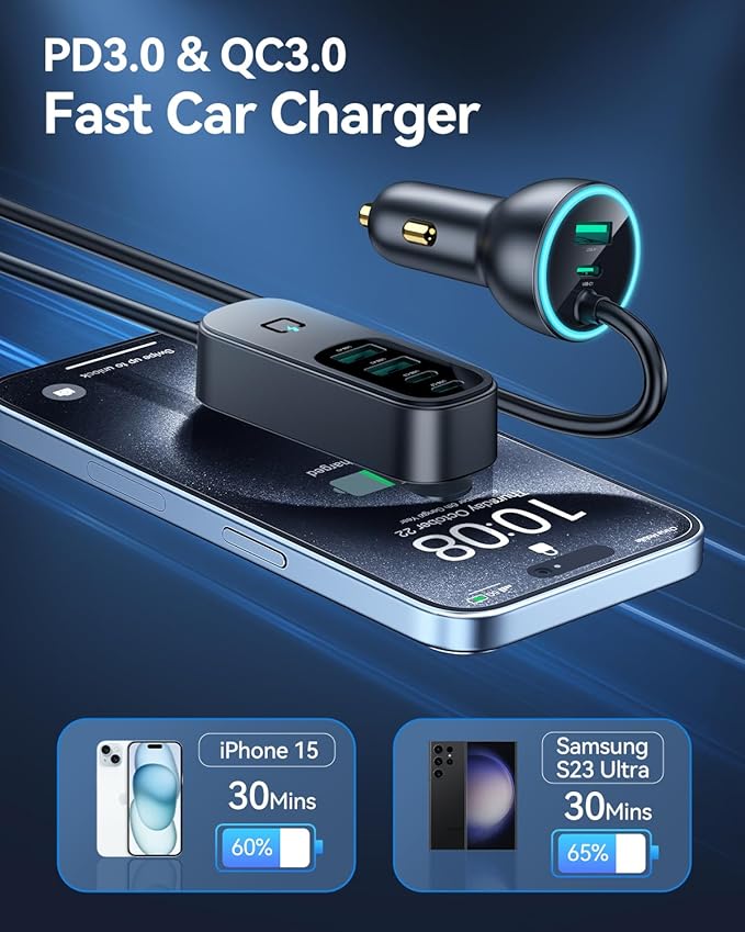 Rocoren 105W 6-Port Multiport Car Charger, Car Travel Essentials for Road Trips with 5FT Cable, 6-Pack Magnetic Cable Clips Cord Organizer-Cable Smooth Adjustable for Desktop, Home Office, Car