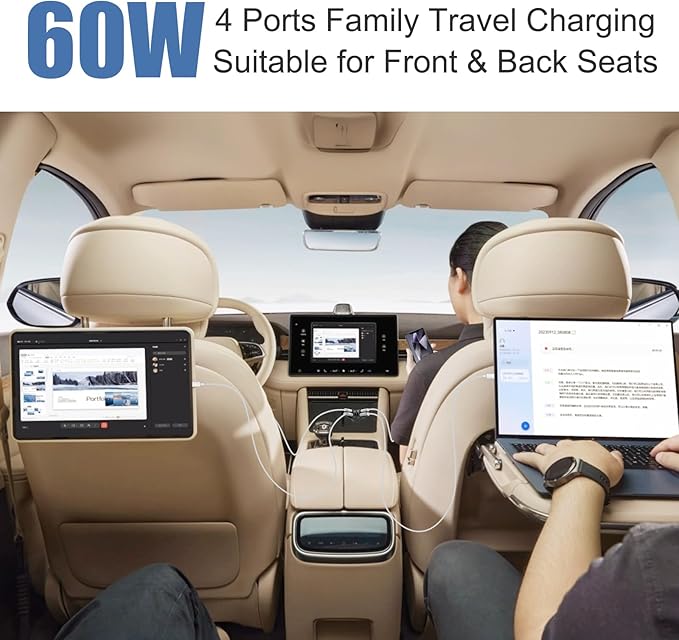 Mini USB C Car Charger, Bifurcated 4-Port Dual PD 30W & QC 18W Phone Car Charger Fast Charging Cigarette Lighter Adapter for iPhone 16 15 14 13 Pro Max, iPad, Samsung S24 S23 S22, Pixel 9 8, Android