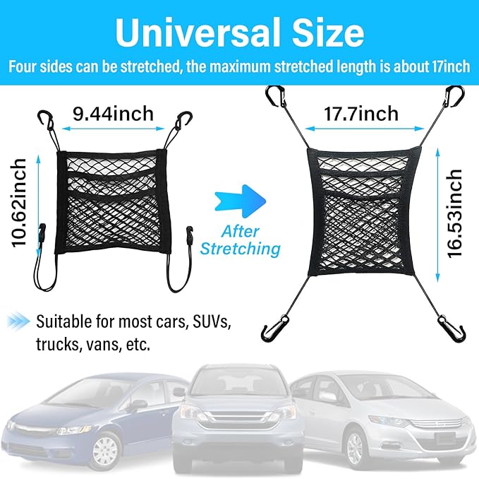 Kewucn 3 Layers Car Mesh Organizer, Four-Side Elasticity Auto Seat Back Net Bag Between Front Seats, Car Net Barrier of Backseat Pet Kids, Tissue Purse Holder, Storage Netting Pouch