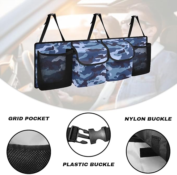Camo Car Trunk Organizer, Super Capacity Backseat Trunk Organizer with 4 Pockets, Backseat Hanging Car Storage Organizer Foldable Cargo Storage with Adjustable Straps for SUV, Truck, MPV