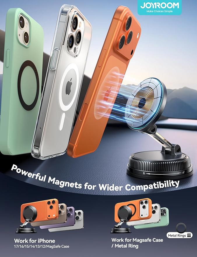 JOYROOM for Magsafe Car Mount Charger, 15W Faster Charging iPhone Wireless Car Charger, Vacuum & Gel 2-in-1 Strongest Suction Cup Phone Mount, Magsafe Car Mount for iPhone 17 16 15 14 13 12 Pro Max