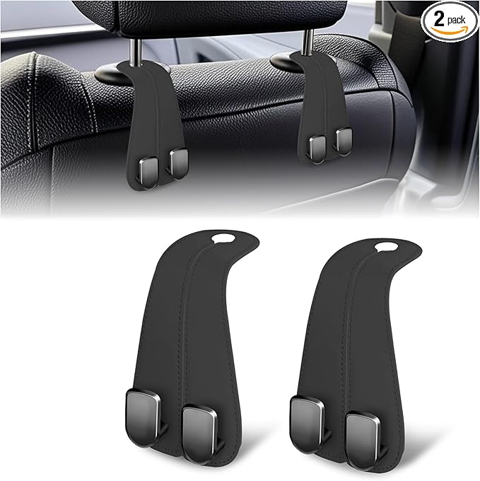2 Packs Car Seat Hooks, Leather Car Headrest Hook, Car Purse Hook Seat Back Hanger Storage Organizer, Car Hook for Purses and Bags(Black)