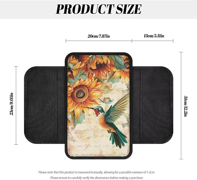 BIGCARJOB Hummingbird Print Car Armrest Box Pad with Side 2 Storage,Sunflower Print Armrest Cover for Cars Truck Cute Auto Interior Accessories Center Console Organizer Storage Box