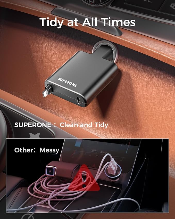 [Ultra Compact] SUPERONE iPhone Retractable Car Charger, Smaller Size Fast Car Charger Adapter with Retractable Apple Cable, Car Chargers for Apple iPhone 14 13 12 11 Pro/XS/XR/Mini/X/iPad/AirPods