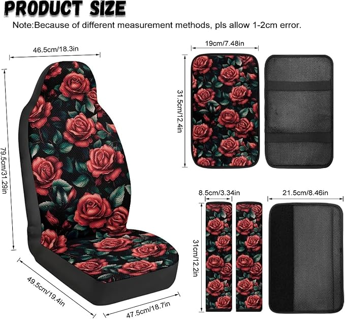 FUSURIRE 5PCS Car Accessories Set, Red Rose Print Vehicle PU Front Seat Covers, Seat Belt Covers & Center Armrest Pad, Universal for SUV, Truck, RV