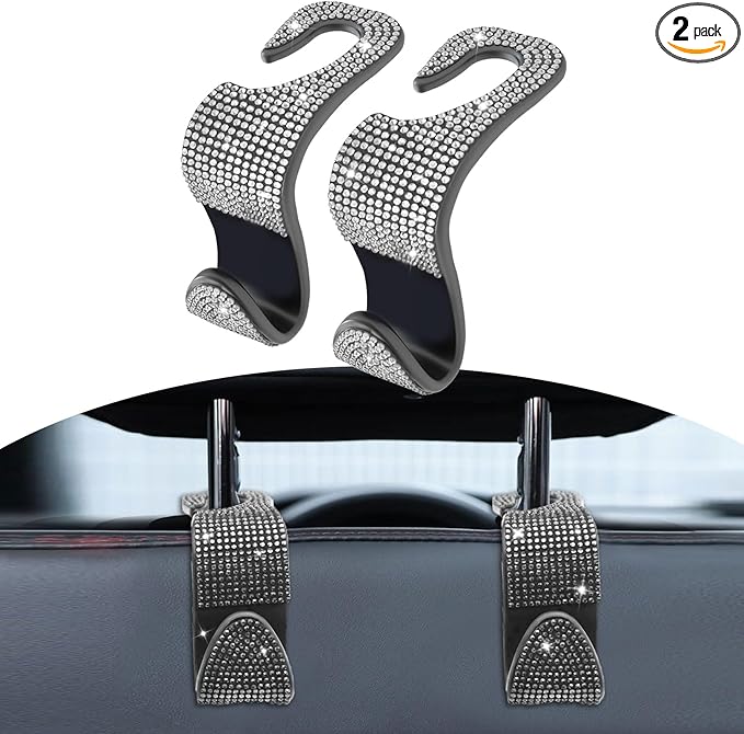 2PCS Car Seat Hooks, Purse Hook for Car, Crystal Rhinestone Vehicle Backseat Purse Holder, Auto Accessories Diamond Auto Seatback Storage Organizer Hanger for Handbag Clothes Purse (White)