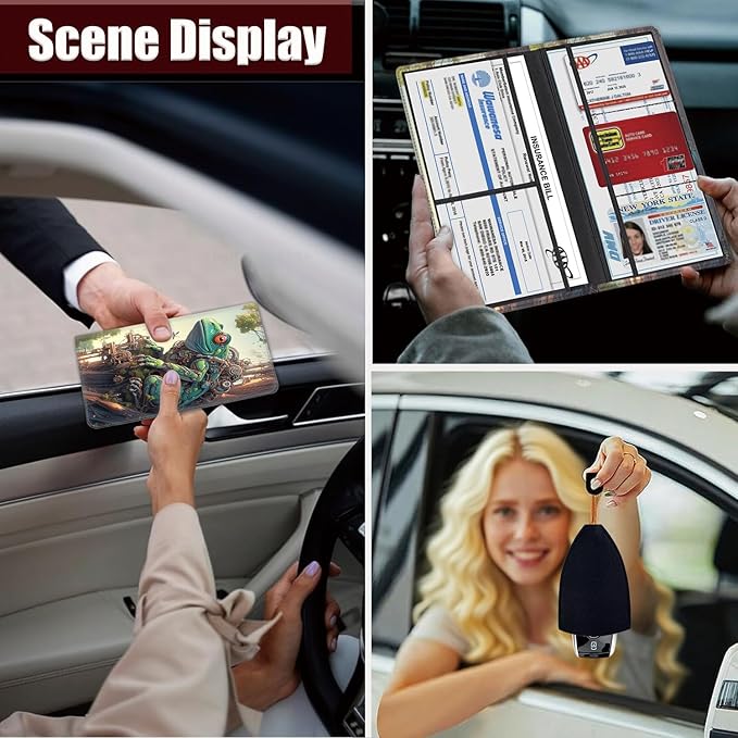 Car Registration and Insurance Holder, PU Leather Auto Document Holder for Men&Women, Vehicle Glove Box Compartment Organizer with Magnetic Shut for Driver's License, Mechanical Frog Pattern