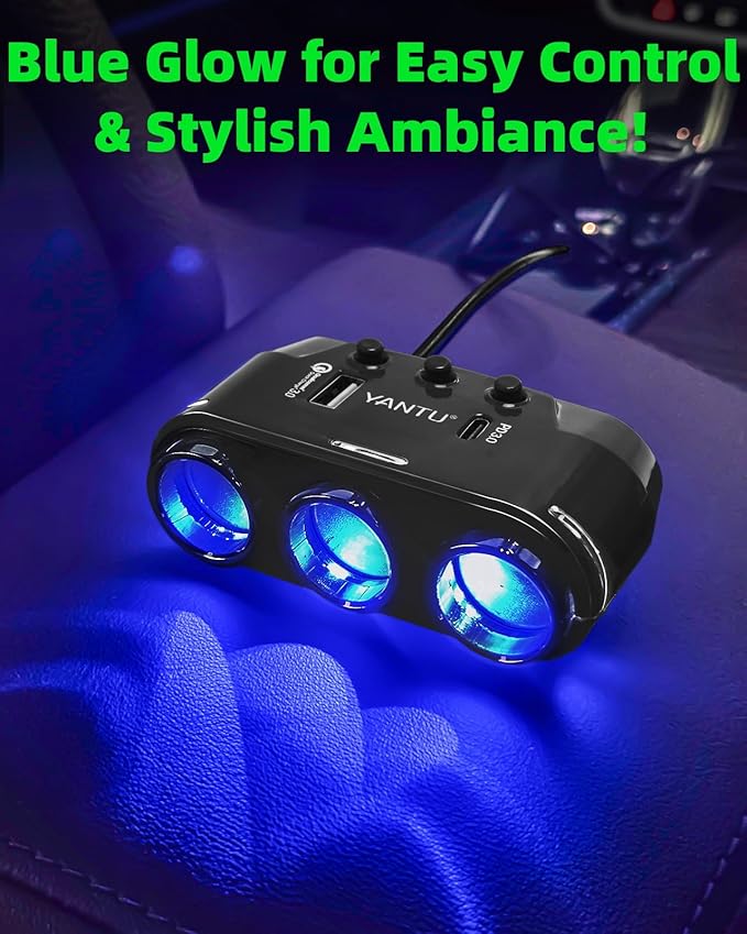 YANTU QC3.0&PD Cigarette Lighter Adapter, 3-Socket 140W Car Cigarette Lighter Splitter with 12v USB Outlet,Car Charger Adapter with Double/Dual/USB C Charger Multi Port/Plug Outlet for Car Devices