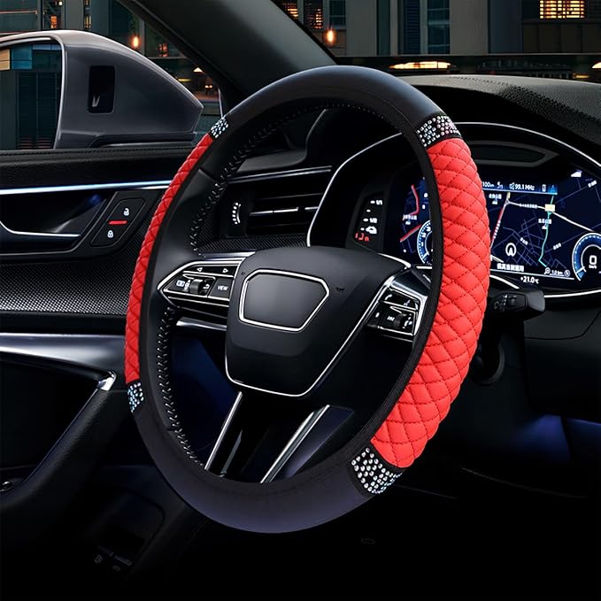Bling Soft Leather Steering Wheel Cover, 15" Anti-Slip Sparkly Crystal Auto Elastic Steering Wheel Protector for Women Girl, Colorful Diamond Car Interior Accessory for Most Cars (Red)
