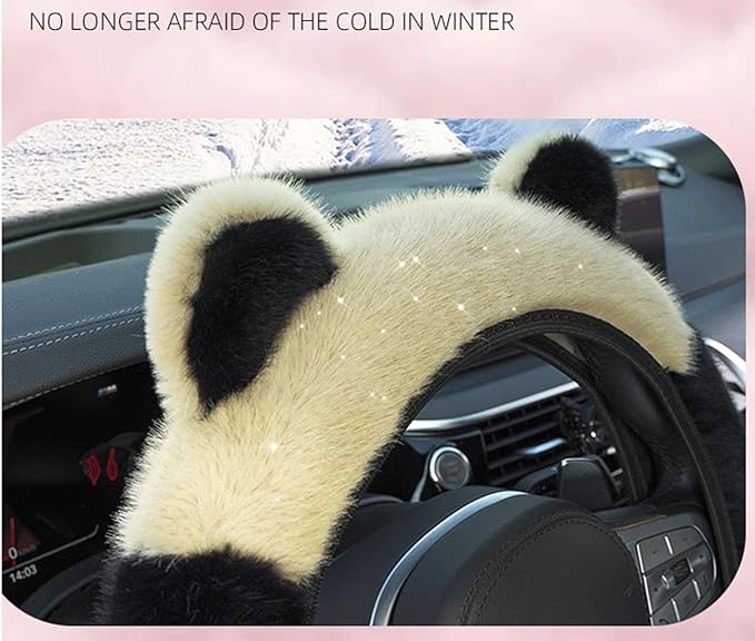Car Steering Wheel Cover with Cat Ears Winter Warm Fuzzy Steering Wheel Protector Car Accessories Interior Decorations (Black+White)