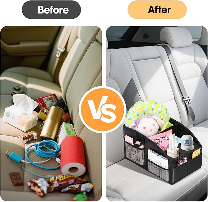 Car Seat Organizer,Premium PU Leather Backseat Car Organizer Keep Tidy,Car Storage with 11 Storage Compartments and 2 Large Size Cup Holders,Passenger Seat Organizer for kids (Carbon fiber texture)