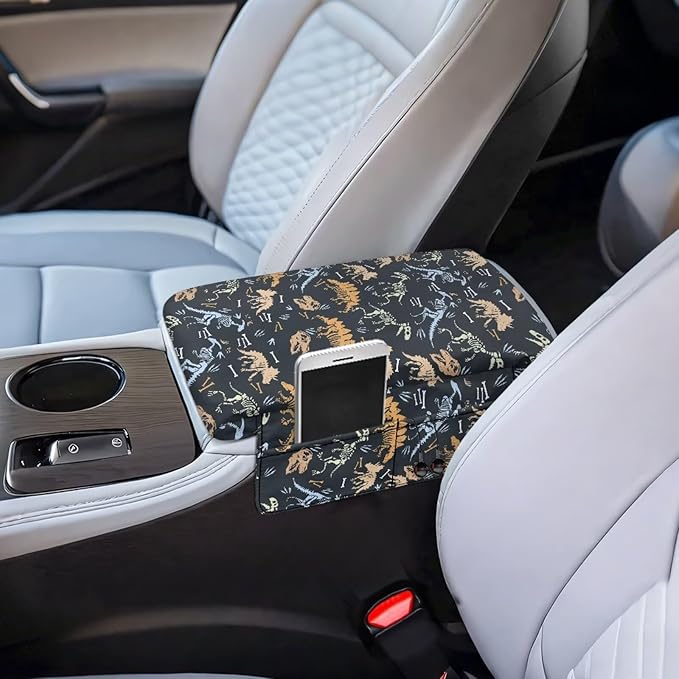 Dreaweet Dinosaur Car Accessories Thick Center Console Cover with Pockets Cute Car Armrest Storage Box Mat,Universal Comfortable Arm Rest Cover for Car Center Console Armrest Cover Pad