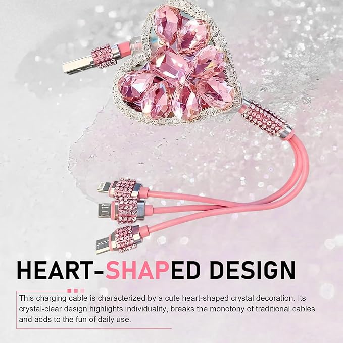 Car Retractable Multi Charging Cable, 3 in 1 Fast Charger Cord, Camellia Patterned/Heart-shaped Diamond-studded Car Charger Cable, Stylish for Women, Compatible with Phone, Tablets (Pink)
