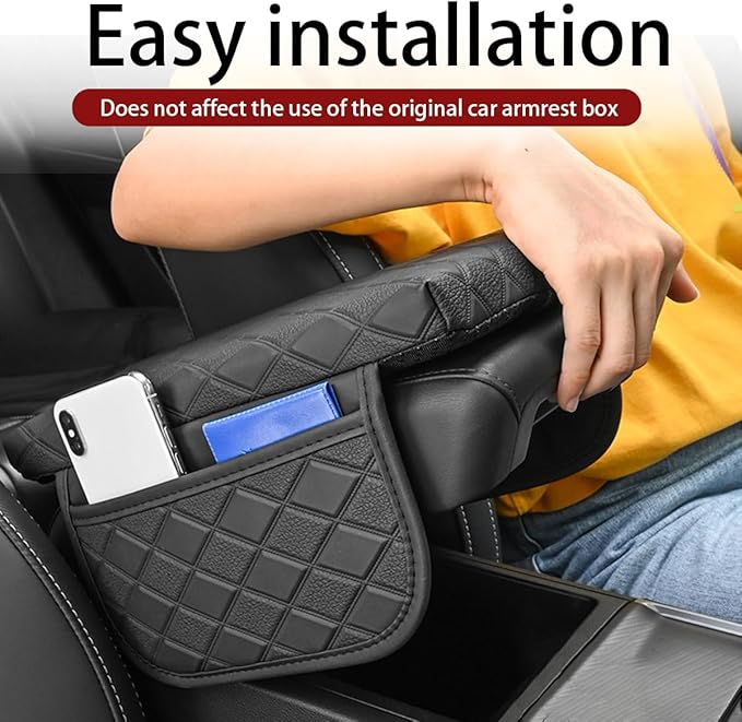 Car Center Console Cover, Leather Vehicle Armrest Pad with 2 Side Storage Bags, Comfortable Auto Interior Middle Console Storage Box Cushion Accessories, Universal for Most Cars (Beige-1)