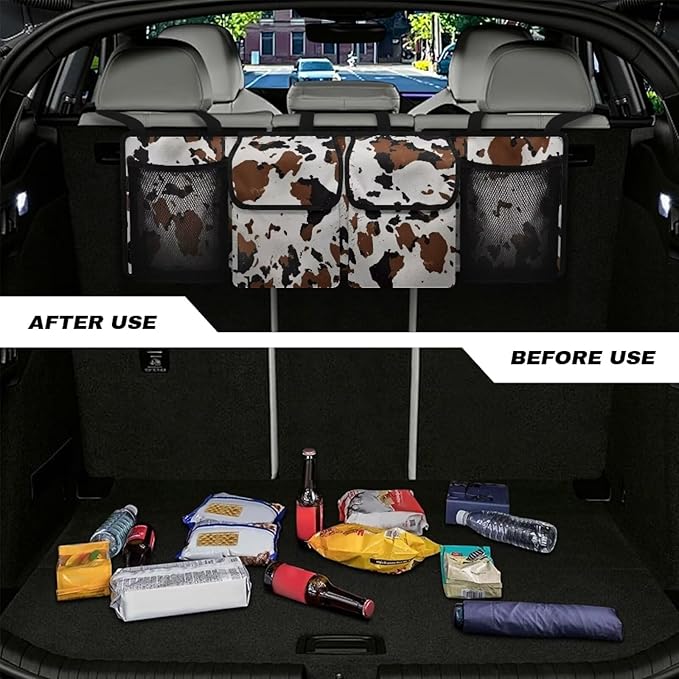 Car Trunk Organizer and Storage Backseat Hanging Organizer Brown Cow Print Car Accessories Oxford Cloth Washable Space-Saving Backseat Car Organizer for SUV/MPV/Truck/Sedan/Van