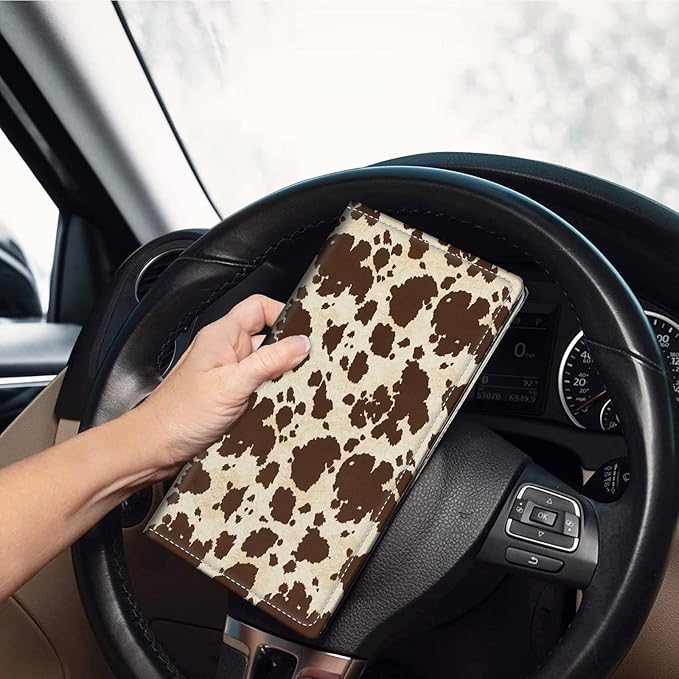 Car Registration and Insurance Card Holder,Leather Vehicle Card Document Glove Box Organizer,Paperwork Wallet Case for Driver's License,ID,Key Information Cards,Men & Women,Brown Cow Print Pattern