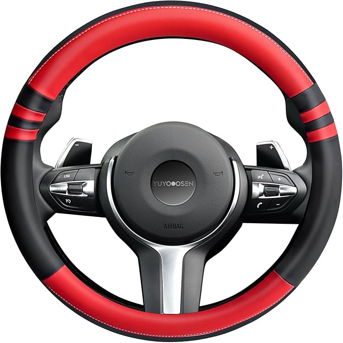 Steering Wheel Cover, Two-Tone Black and Red NAPA Leather, Non-Slip and Sweat Absorbent, 15" Steering Wheel Covers for Men Women, Black (Red, M-15)