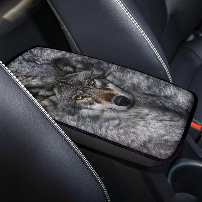 Gray Wolf Center Console Cover Breathable Auto Center Console Pad Animal Print Comfortable Car Armrest Seat Box Cover Protector Universal for Car Sedan Vehicle