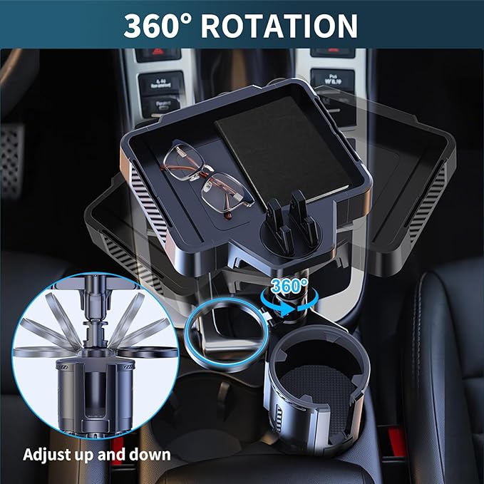 Car Food Tray with Expandable Cup Holder Tray and 360°Phone Stand,4 in 1 Detachable & Rotation car Tray with 2 Cup Holder Adapter with Expandable Base for car,Travel Road Essentials
