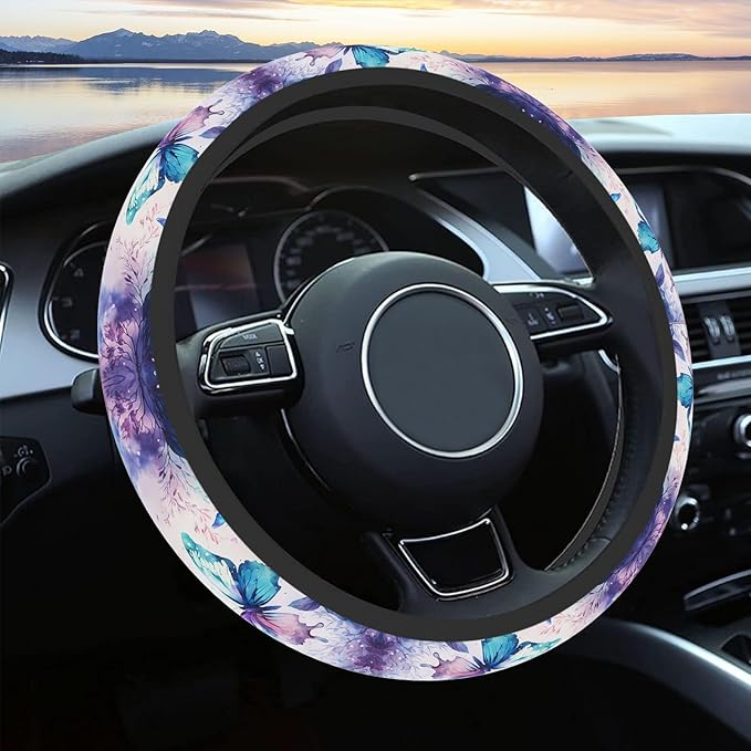 Purple FlowerSteering Wheel Cover Neoprene Material Most Cars Men&Women Universal 15 inch Premium Non-Slip Spring Steering Wheel Protector Floral Cute Car Accessories