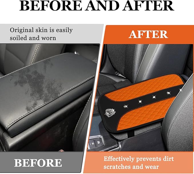 Bling Crown Car Center Console Cover, 12.7"×7.7" Armrest Cover for Cars, Waterproof Leather Arm Rest Box Pad Cushion, Universal Middle Console Cover Protector, Car Accessories (Orange)