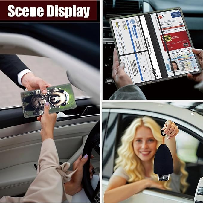 Car Registration and Insurance Holder, PU Leather Auto Document Holder for Men&Women, Vehicle Glove Box Compartment Organizer with Magnetic Shut for Driver's License, Astronaut Red Panda Pattern