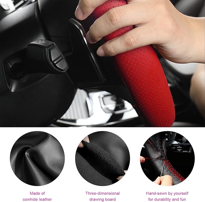 Ziciner Genuine Leather Steering Wheel Cover, Stitch on Wrap, Breathable Anti-Slip Car Steering Wheel Protector for Max Diameter 15 Inch, DIY Sewing with Needles Thread (Red, Middle Hole)