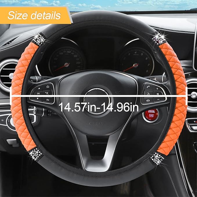 Leather Car Steering Wheel Cover, 15 Inch Colorful Rhinestones Elastic Auto Steering Wheel Protector, Bling Steering Wheel Cover for Women Men, Car Accessories for Cars, Vehicles, SUVs (Orange)