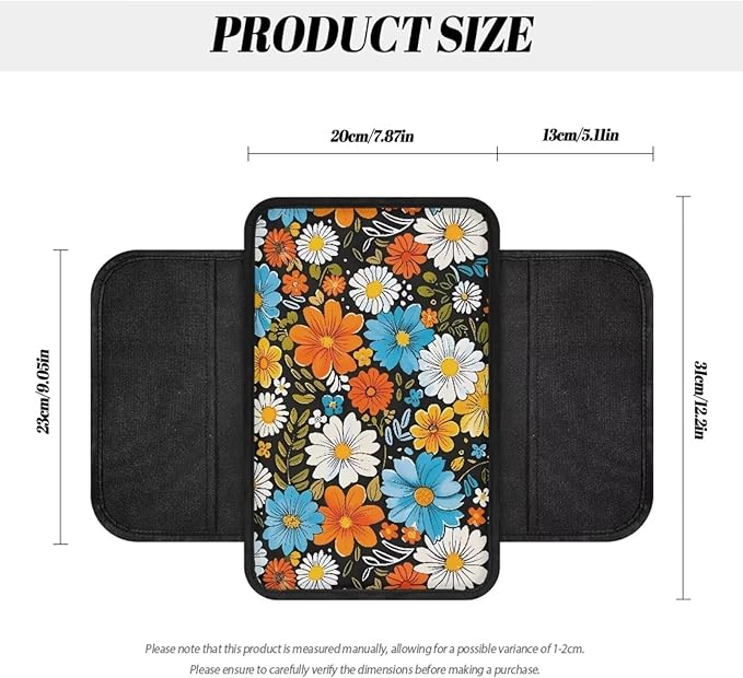 BIGCARJOB Hippie Daisy Print Center Console Cover for Cars Truck Interior Seat Accessories,Blossom Daisy Car Armrest Seat Box Cover Cushion with Side Storage,Universal Fit
