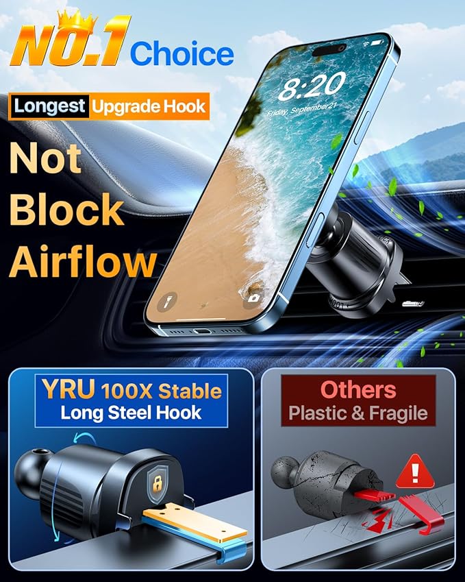 YRU [2026 Military-Grade] for Magsafe Car Mount [90+LBS Strong Suction] 360° Adjustable Magnetic Phone Holder for Car Dashboard Windshield Vent, Cradle for iPhone 17 16 15 14 13 12 Samsung, Black