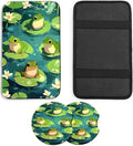 JANENFNA Car Armrest Cover Pads Universal Fashion Cute Auto Center Console Armrest Cover Pad with 2PCS Car Coasters Soft Waterproof Car Armrest Seat Protector for Women,Cute Frog on Lotus Leaf a