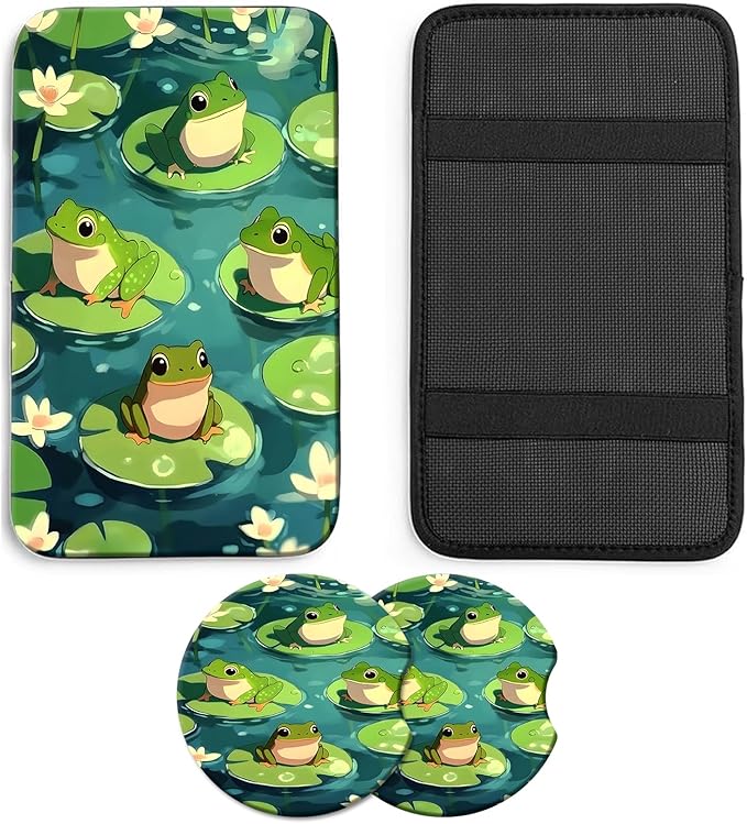 JANENFNA Car Armrest Cover Pads Universal Fashion Cute Auto Center Console Armrest Cover Pad with 2PCS Car Coasters Soft Waterproof Car Armrest Seat Protector for Women,Cute Frog on Lotus Leaf a