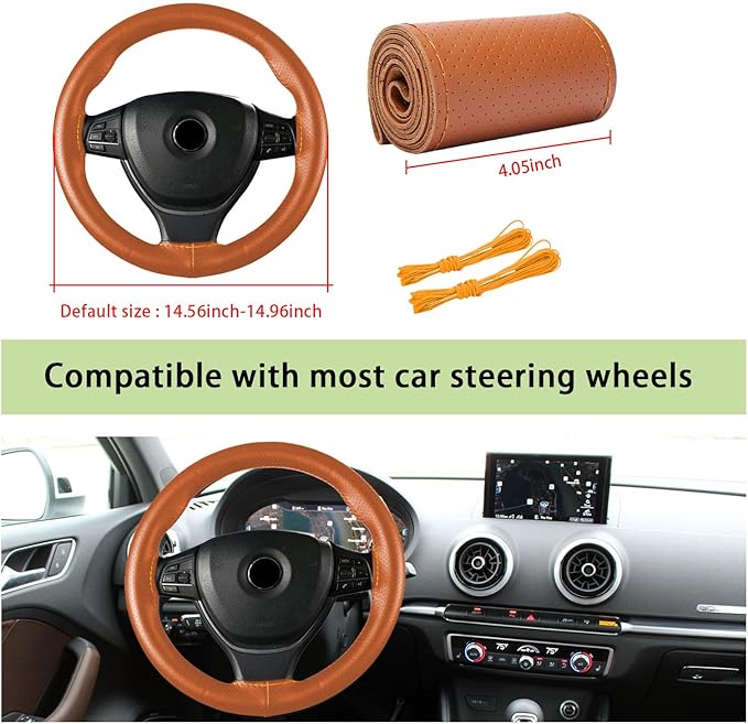 Kewucn Genuine Leather Steering Wheel Cover, 15" Universal Car Steering Wheel Protector with Needle Thread, Breathable Anti-Slip Steering Wheel Cover DIY Stitch on Wrap (Brown, Full Hole)